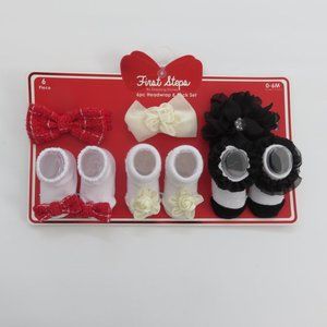 (#W-1) First Steps by Stepping Stones 6pc. Headwrap & Sock Set